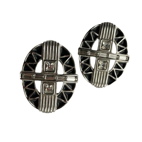 VTG Givenchy Art Deco Silver Tone Baguette Black‎ Enamel Oval Clip On Earrings